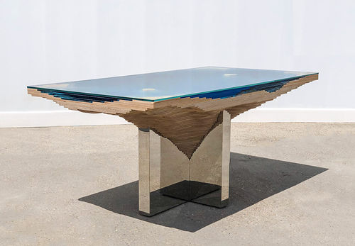 Mesa de jantar contemporânea - Abyss - Duffy London - em madeira / em vidro / com base em aço inoxidável polido