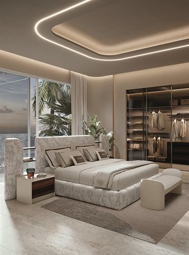 Cama com cabeceira estofada - ALMA - LONGHI S.p.a. - com prateleiras / com compartimento de arrumação / estofada