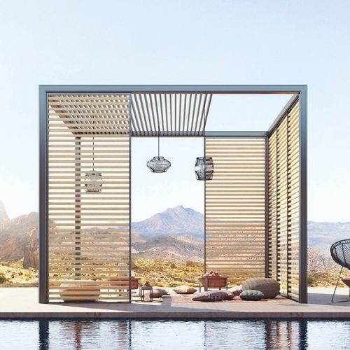 Pérgola em madeira - Bay unit - Sundaze Outdoor - em alumínio / com lâminas quebra-sol / com cobertura retrátil