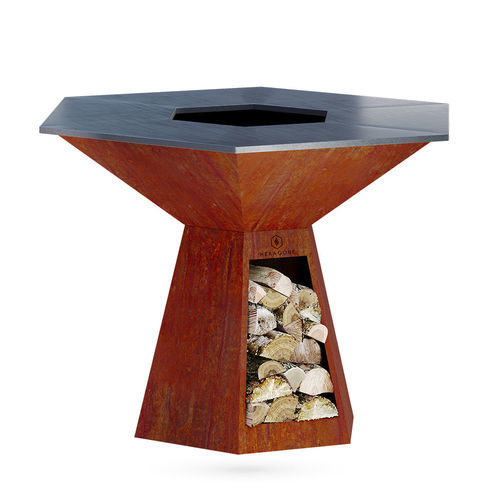 Braseiro de jardim com chapa de grelhar - Grand banquet|150 - Hexagone - a lenha / em aço / em aço Corten