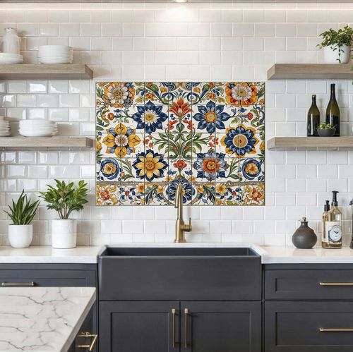 Placas de revestimento em porcelana - FLORAL MEXICAN  - Tempera Art Design - pintada à mão / impressos digitalmente / para ambiente interno