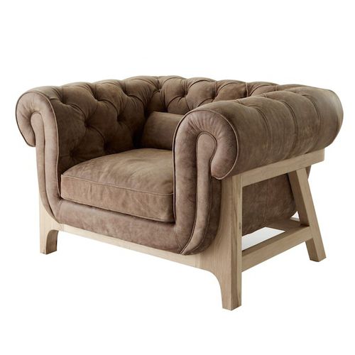 Poltrona contemporânea - COCOON CHESTERFIELD - BLEU NATURE - em couro / em carvalho