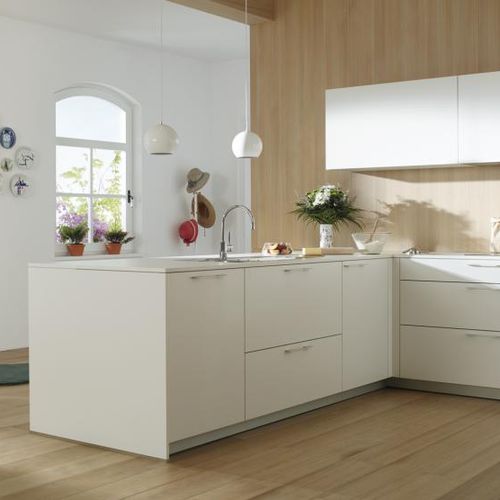 Cozinha contemporânea - ARIANE 2 - SANTOS - em laminado melamínico / em L / com pegas