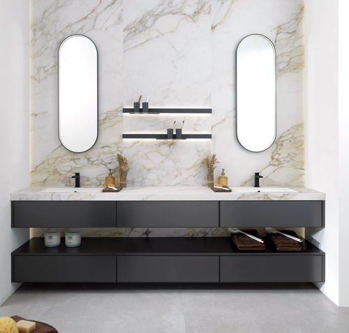 Móvel de banheiro com iluminação embutida - SYMPHONY - GAMADECOR – PORCELANOSA Grupo - da linha residencial / com folheado de madeira / em pedra sinterizada