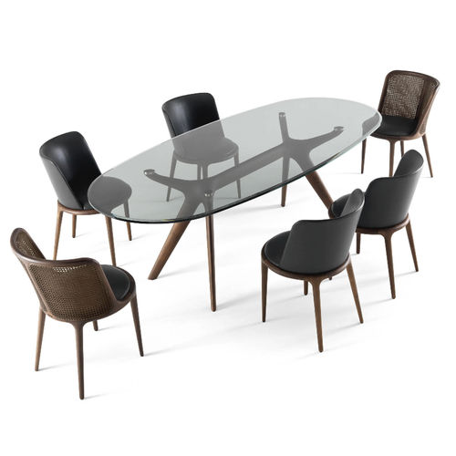 Mesa de jantar contemporânea - STIV - BERTO - em vidro fumê / em mármore / com base em madeira maciça