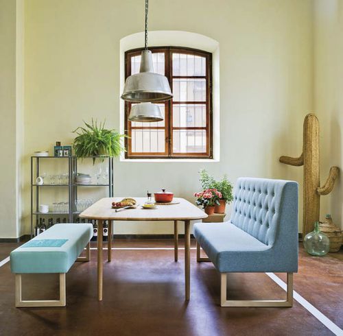 Banco estofado contemporâneo - MENU - SANCAL - em couro / com base em madeira / metálico