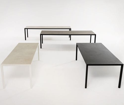 Mesa contemporânea - PLEIN AIR 004 - RODA - em vidro / em arenito / com base em alumínio laqueada