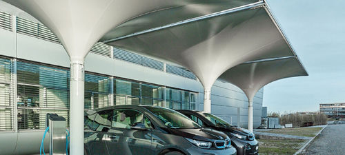 Cobertura para estacionamento de carros da linha comercial - SYMMETRIC  - MDT-TEX - solar / em aço / em tecido revestido de PVC