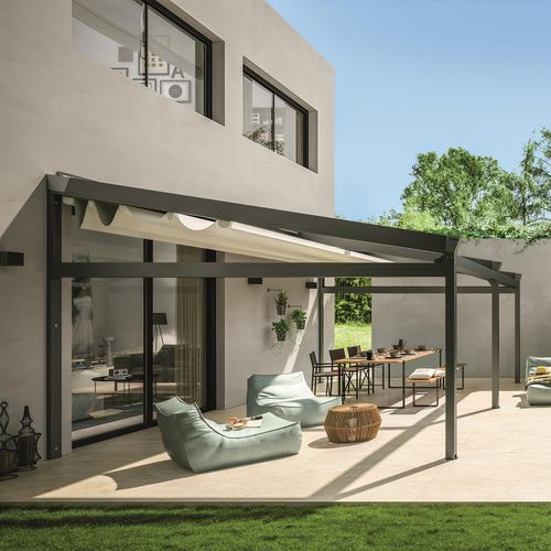 Pérgola apoiada em parede - PERGOTENDA® B-SPACE - Corradi - em alumínio / com cobertura retrátil / sob medida