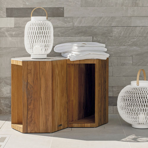 Mesa lateral contemporânea - ZETA - Atmosphera - em arenito / com base em teca / hexagonal