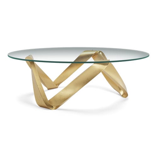Mesa de centro de design industrial - MOBIUS - Christopher Guy - em vidro temperado / com base em mogno / redonda