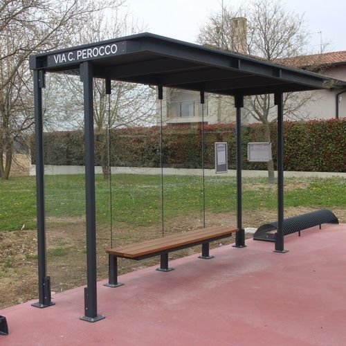 Abrigo de ônibus em madeira - HOREC - CITY DESIGN - em aço galvanizado / em vidro / com banco