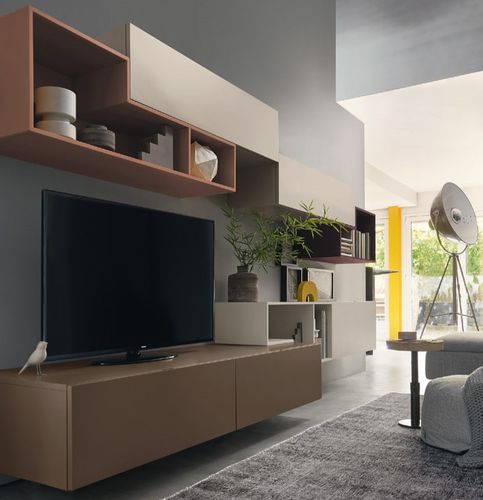Móvel de parede contemporâneo para TV - LAMPO L6C03 - SANGIACOMO - em madeira laqueada fosca / modular / com prateleiras