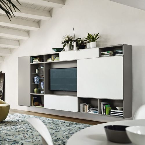 Móvel de parede de sala contemporâneo - MODO M6C75 - SANGIACOMO - em vidro / em madeira laqueada fosca / para TV
