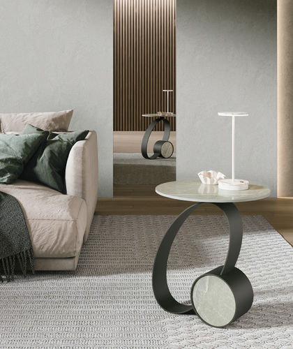 Mesa lateral contemporânea - TRILOGY - Target Point - em grés porcelanato / com base metálica / redonda