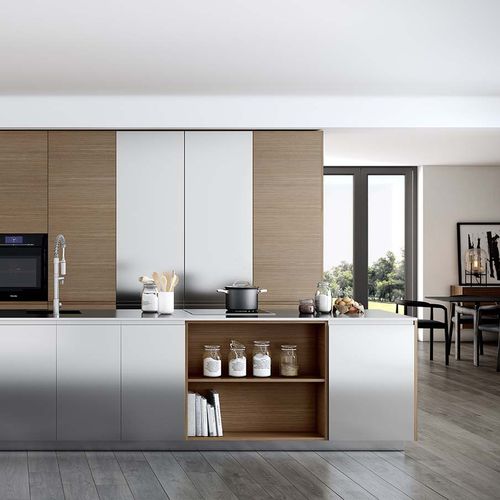 Cozinha de estilo industrial - MÉTRICA INOX - MOBALCO - com folheado de madeira / em aço inoxidável / com ilha
