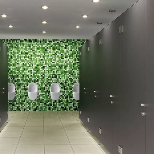 Divisória sanitária em HPL - VOOX T - Fit Interiors - em aço inoxidável / para banheiro / para edifício de uso público