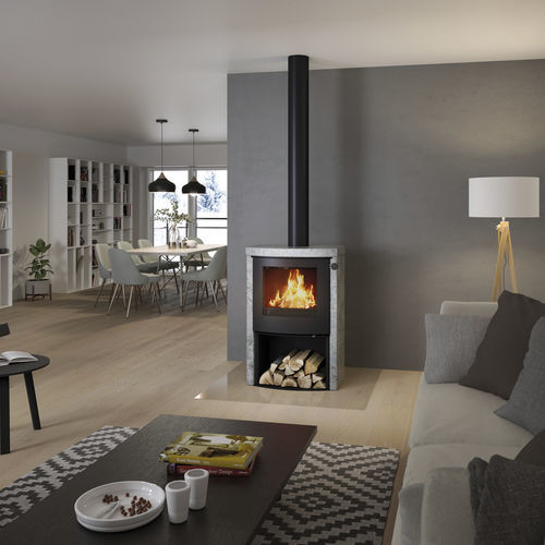 Salamandra a lenha - Q-TEE 2 C SPECKSTEIN / NATURSTEIN «PORTO»  - Attika Feuer AG - 5 kW–10 kW / de piso / contemporânea