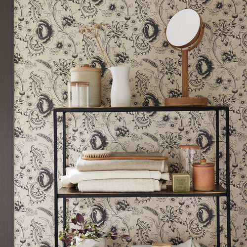 Papel de parede contemporâneo - WOODBLOCK MONO - The Little Greene - com padrão floral / monocromático / com efeito de madeira