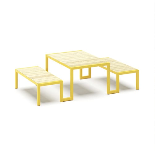 Conjunto de mesa e bancos contemporâneo - Långbordet Junior  - NOLA INDUSTRIER - em carvalho / em pinho / em aço inoxidável