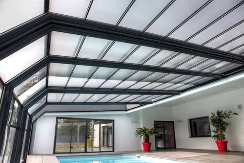 Cobertura de piscina apoiada - CONSERVATORY - ABRISUD - telescópica / em aço inoxidável / de acionamento manual
