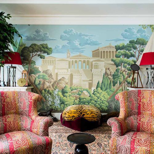 Papel de parede clássico - OLYMPIA FOLLY - DE GOURNAY - padrão urbano / efeito de tecido / feito à mão