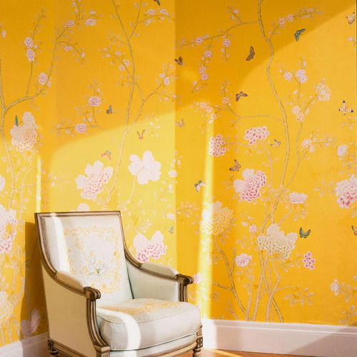 Papel de parede clássico - CHELSEA - DE GOURNAY - floral / de estilo chinoiserie / efeito de tecido