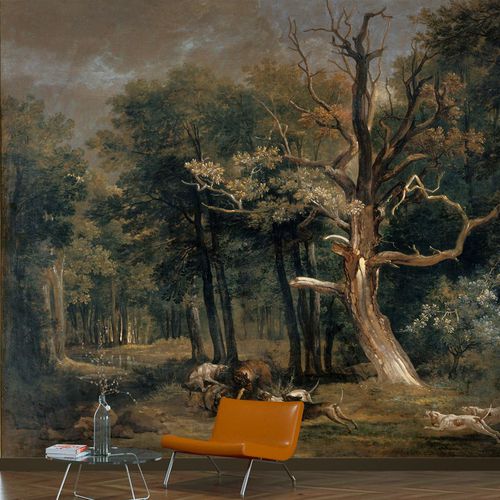 Papel de parede clássico - CHASSE AU LOUP EN FORÊT - LGD01 décor mural sur mesure - com natureza / efeito de tecido / cor personalizável