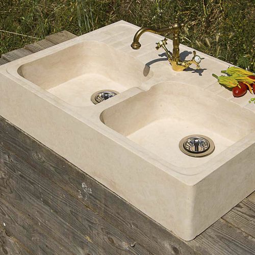Pia com 2 cubas - ACQUAIO DOPPIO - PIETRE DI RAPOLANO PDR SRL - sem escorredor / em mármore travertino / de semiencaixe