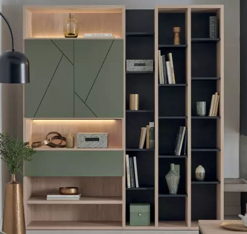 Livreiro contemporâneo - OBLIK - Meubles Célio - em laminado melamínico / com iluminação embutida / com compartimento de arrumação