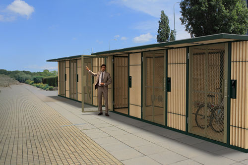 Abrigo para bicicletas com sistema de segurança - CUBY LOCK - mmcité street furniture - modular / em aço galvanizado / em madeira