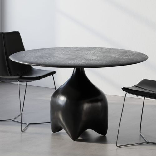 Mesa de jantar contemporânea - MALAGANA - Aguirre Design - em pinho / com base em bronze / redonda