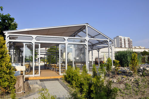 Pérgola apoiada em parede - BASIC - Selt Sun Protection Systems - em alumínio / com cobertura em tela / da linha comercial