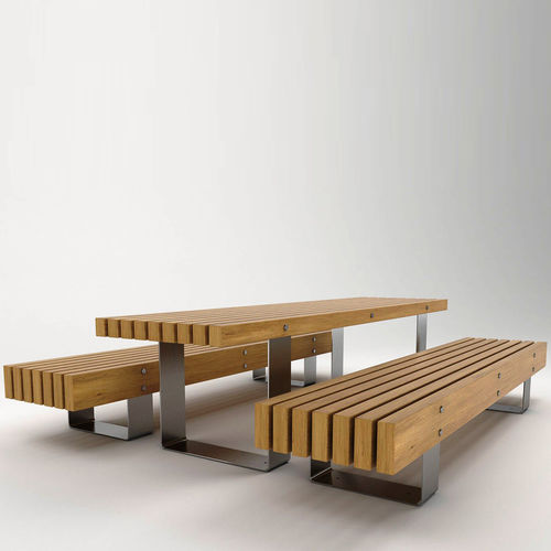 Conjunto de mesa e bancos contemporâneo - QUAY - NORCOR MOB.URBAIN - em madeira exótica / em aço galvanizado / em aço inoxidável