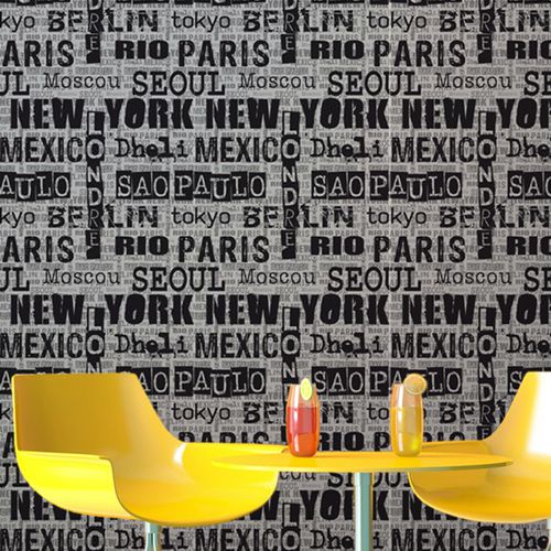 Papel de parede contemporâneo - GLOBE TROTTER - AQUILIA - DECLIK - estampado / cinza / com texto