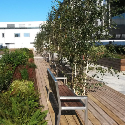 Banco para espaço público contemporâneo - UTIL - Factory Street Furniture - em madeira / em aço inoxidável / com encosto
