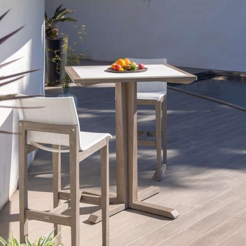 Mesa alta contemporânea - SKAAL - LES JARDINS - em cerâmica / com base em teca / retangular