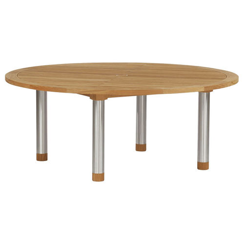 Mesa de jantar contemporânea - Equinox  - Barlow Tyrie - em teca / com base em aço inoxidável / redonda
