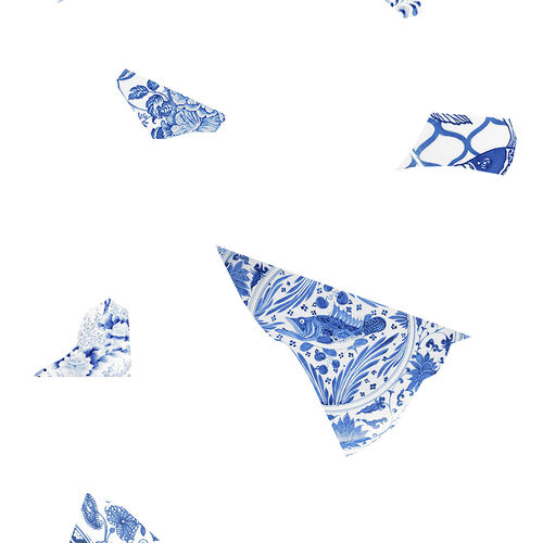 Papel de parede contemporâneo - WHITE &amp; BLUE PLATE FRAGMENT - Mineheart - em tecido não tecido / obra de arte da pintura / efeito de mármore