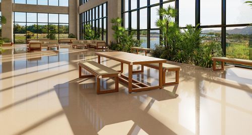 Conjunto de mesa e bancos contemporâneo - GATHER - TUUCI - em teca / de jardim / para pátio