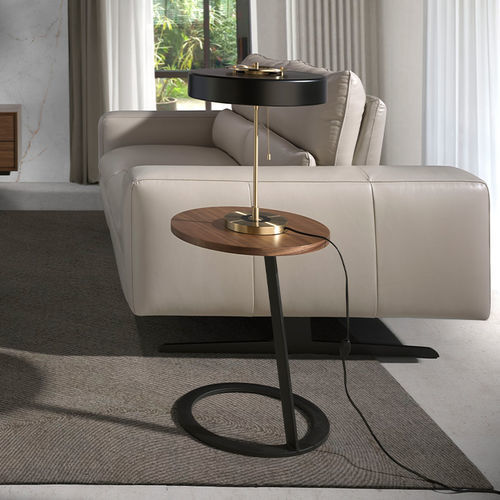 Mesa lateral de design minimalista - 2115 - Angel Cerdá - em nogueira / com base em aço inoxidável / redonda