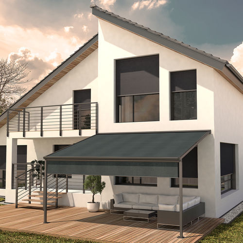 Pérgola apoiada em parede - SINTESI - HELLA - metálica / em tecido / com cobertura em tela