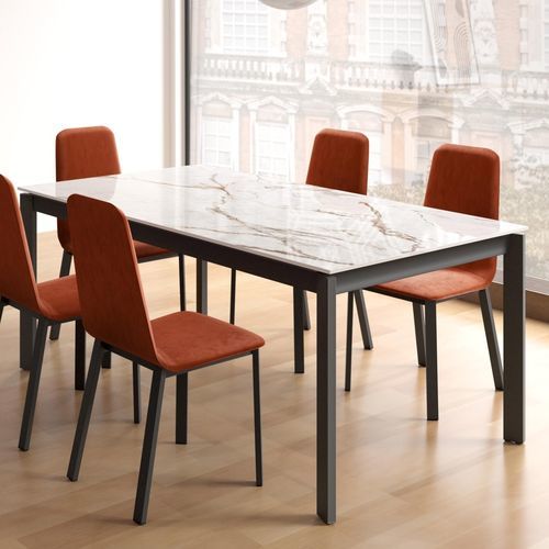 Mesa de jantar contemporânea - FOCUS - Cancio - em cerâmica / com base em aço laqueada / retangular