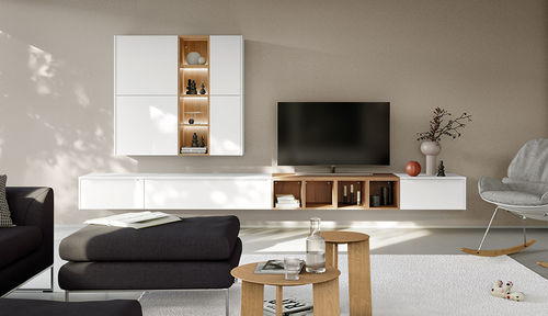 Móvel de parede contemporâneo para TV - Touch - nobilia - em madeira laqueada / em carvalho / com prateleiras