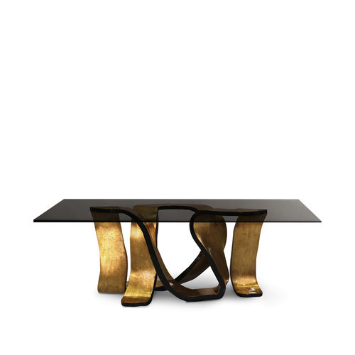 Mesa de jantar de design original - RIBBON BROKEN GOLD LEAF - KOKET Love Happens - em vidro temperado / com base em madeira laqueada brilhante / com base de madeira com folha de ouro