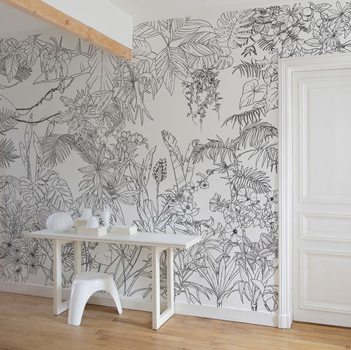 Papel de parede contemporâneo - Papier peint Jungle Tropical Noir et Blanc - Ohmywall - com padrão floral / com natureza / panorâmico