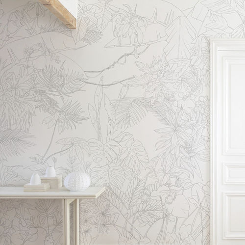 Papel de parede contemporâneo - Papier peint Jungle Tropical Trait Gris Panoramique - Ohmywall - floral / com natureza / panorâmico