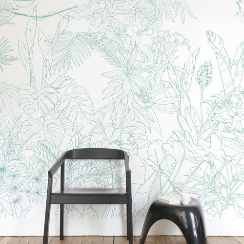 Papel de parede contemporâneo - Papier peint Jungle Tropical Vert Turquoise Panoramique - Ohmywall - floral / com natureza / panorâmico