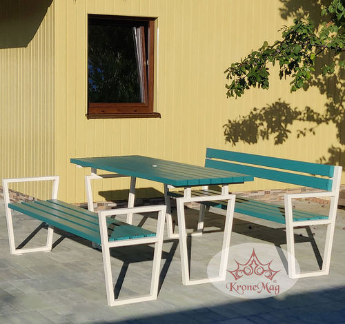Conjunto de mesa e bancos contemporâneo - S.THAVIS - KRONEMAG MILLENIUM srl - em madeira / metálico / para jardim