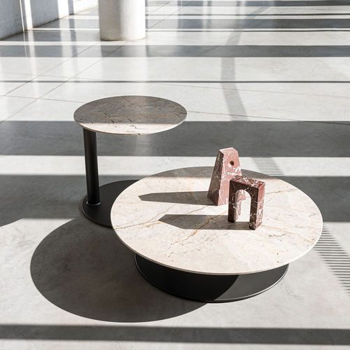 Mesa de centro contemporânea - KARA  - desiree divani - em vidro laqueado / com base metálica / redonda